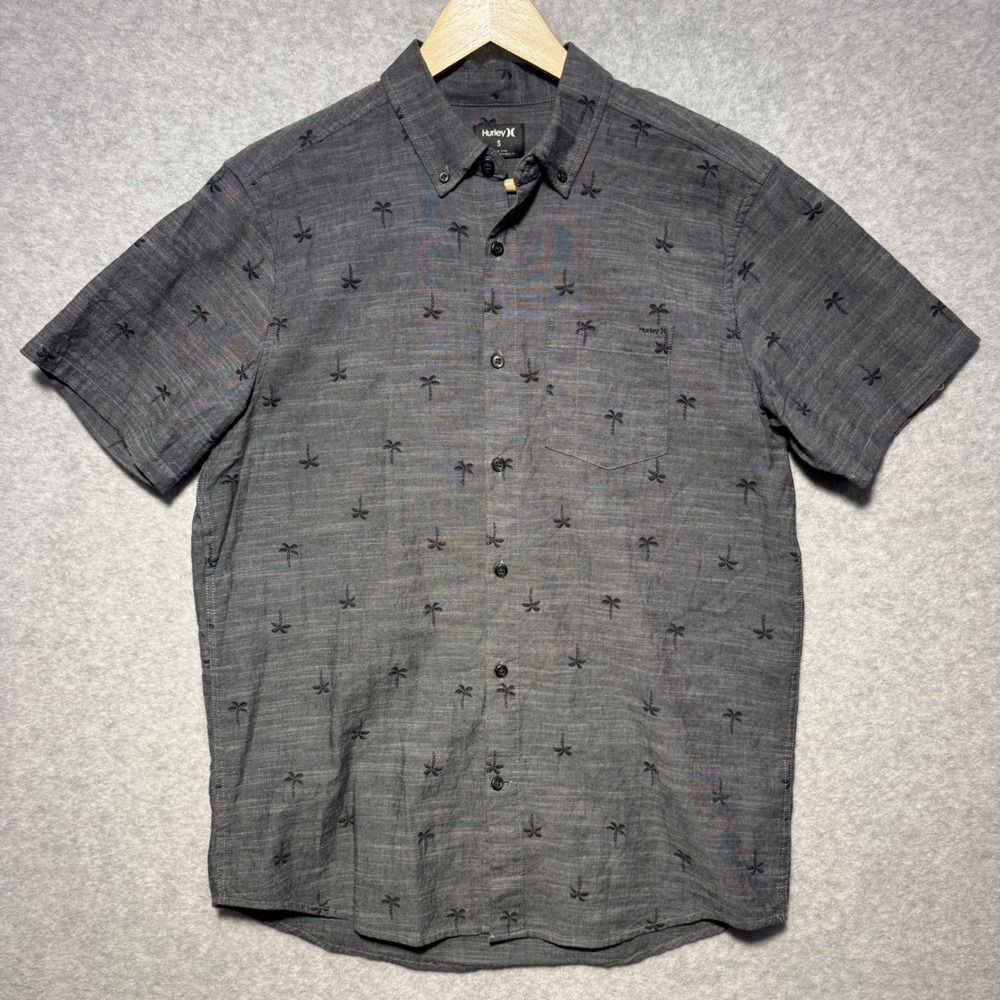 Hurley Mens Palm Tree Embroidered Short Sleeve Button Down Shirt Grey Small